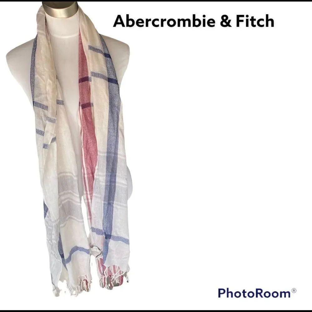 Abercrombie & Fitch white , red blue silk & wool fringes long scarf